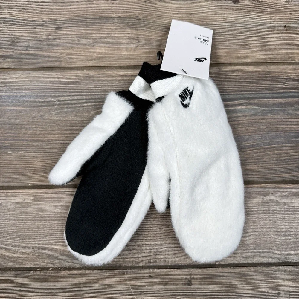 Nike Women's Faux Fur Warm Mittens Glove Size XS/S White Black Furry NEW
